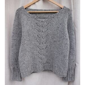 Soft Handknit Grey Wool Sweater- Scoop Neck Cables Cottagecore